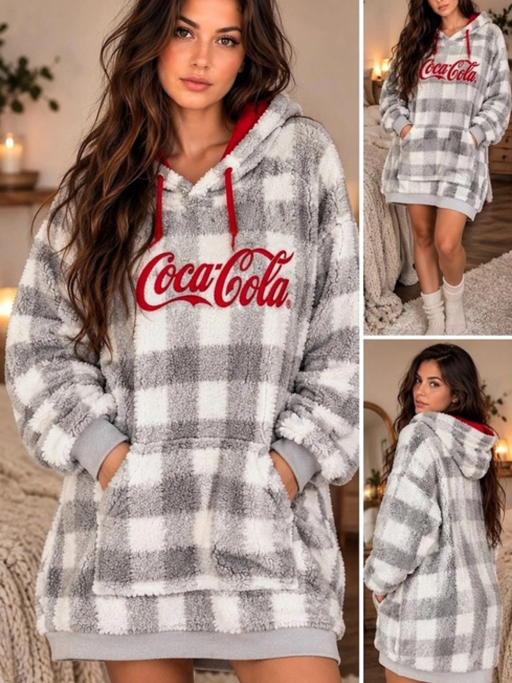 Coca-Cola Buffalo Check Sherpa Hoodie Dress PJ's Gray & White Large